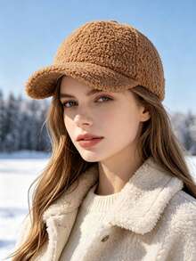 1pc Women's Solid Color Lambswool Fashion Curved Brim Baseball Cap, Plush Baseball Cap, Autumn/Winter Outdoor Golf Sports Hat, Suitable For Daily Wear, Warm And Cold-Proof - Sherpa Baseball Cap - View 4