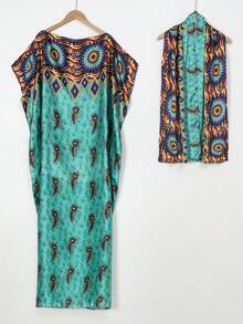 1pc Women's Faux Silk Printed Robe Shawl With Small Scarf Set, Decorative Outerwear For Beach, Sun Protection, Windproof, Daily Wear - Multicolor - View 11