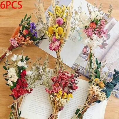 6 Pcs Bohemian Mini Artificial Flower Bouquet Set, Faux Floral For Vase Arrangements, Wedding Party Table Centerpieces, Handmade DIY Craft Supplies & Indoor Home Decor Ornaments