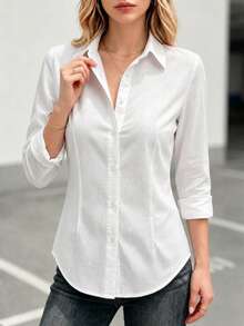 Women's Button-Front White Long Sleeve Linen Shirt, Slim Fit Collared Work Commute Top - White - View 3