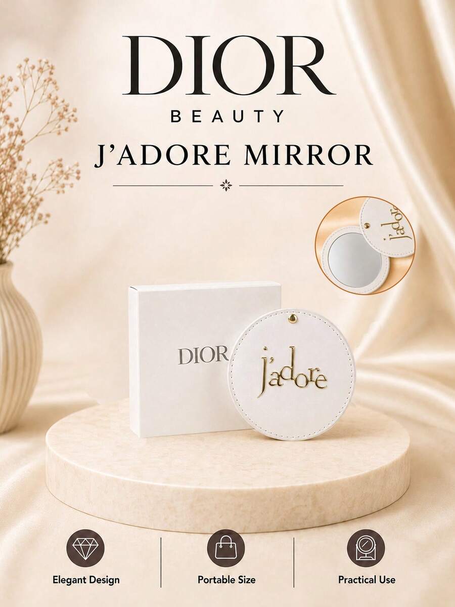 Dior مرآة ديور جينيروز، مصنوعة من الجلد الاصطناعي الأبيض، مزودة بمرآة عالية الدقة، صغيرة وخفيفة الوزن وسهلة الحمل، مثالية لتعديل المكياج اليومي وحملها في الحقيبة، مناسبة كهدية أو للاستخدام الشخصي