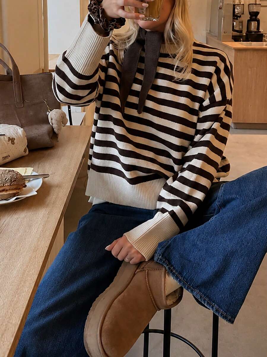 Women's Casual Striped Pullover Sweater, Autumn/Winter - Brown - View 1