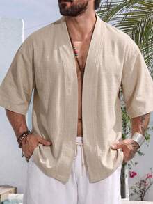 Men's Casual Summer Thin Linen Jacket Solid Color Hanfu Cardigan Kimono 3/4 Sleeve Japanese Style - Apricot - View 1