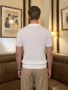 Men's Summer White Cable Knit Polo Shirt, Luxurious Airy Knit Fabric, Light & Breathable, Old Money Style For Gentleman Gatherings & Daily Casual - White - View 3