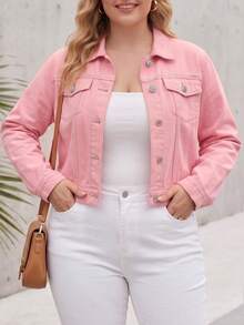 Traceable Cotton Flap Pocket Classic Plus Size Denim Jacket Casual Pink - Pink - View 2