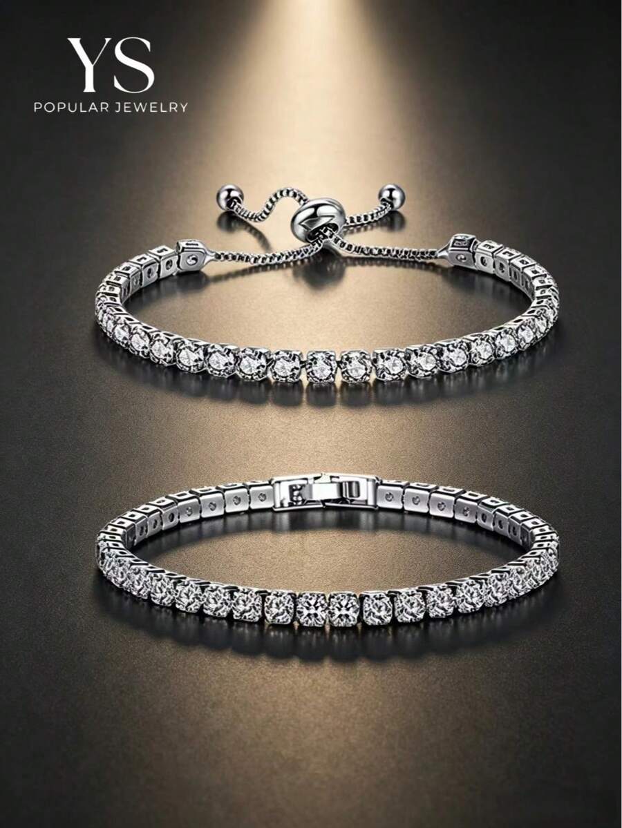 2pcs/Set Fashionable Rhinestone Bracelets, Including 2pcs Bracelets For Women, Niche Minimalist Crystal Hand Decor With High-End Feeling - Silver - View 1
