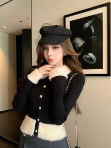 Women's Colorblock Casual Versatile Daily Wear Cardigan - Black - View 5