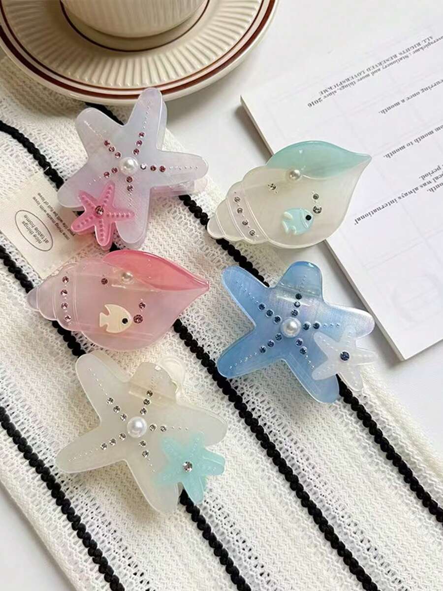 1件夏季馬卡龍幻彩海星貝殼水鑽珍珠魚飾醋酸髮夾 清新盤髮髮飾 - 彩色 - 查看 1