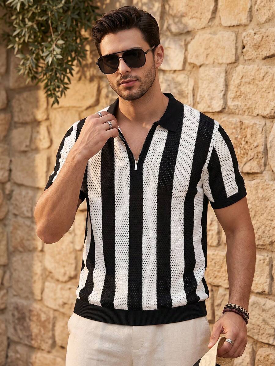 ALTZTAR Hollow Out Breathable Striped Knit Polo Shirt For Men - Black - View 1