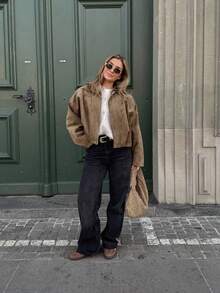 Women's Solid Color Front Zipper Pocket Jacket, Casual Long Sleeve Flight Jacket, Loose Fit Vintage Zipper Jacket, Regular Faux Suede Casual Jacket, Spring/Autumn - Maroon - View 8