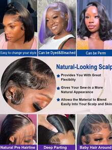 Dollface Short Bob Lace Front Wigs Made Of Human Hair, 13x4 Lace Design, With Smooth Styles And 200% Density For Women. HD 13x6 Transparent Lace Front Wig, Pre-Plucked With A Natural Hairline. 4x4 And 5x5 Straight Human Hair Wigs. - Natural Black - View 8