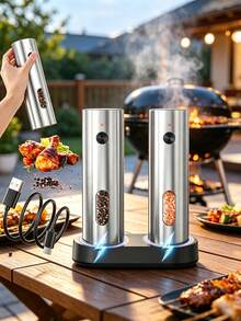 1/2/2pcs Rechargeable Electric Salt And Pepper Grinder Set With Automatic LED Light - One-Handed Operation, Dual Charging Base, Adjustable Coarseness - Premium Automatic Spice Grinder - Multicolor - View 1