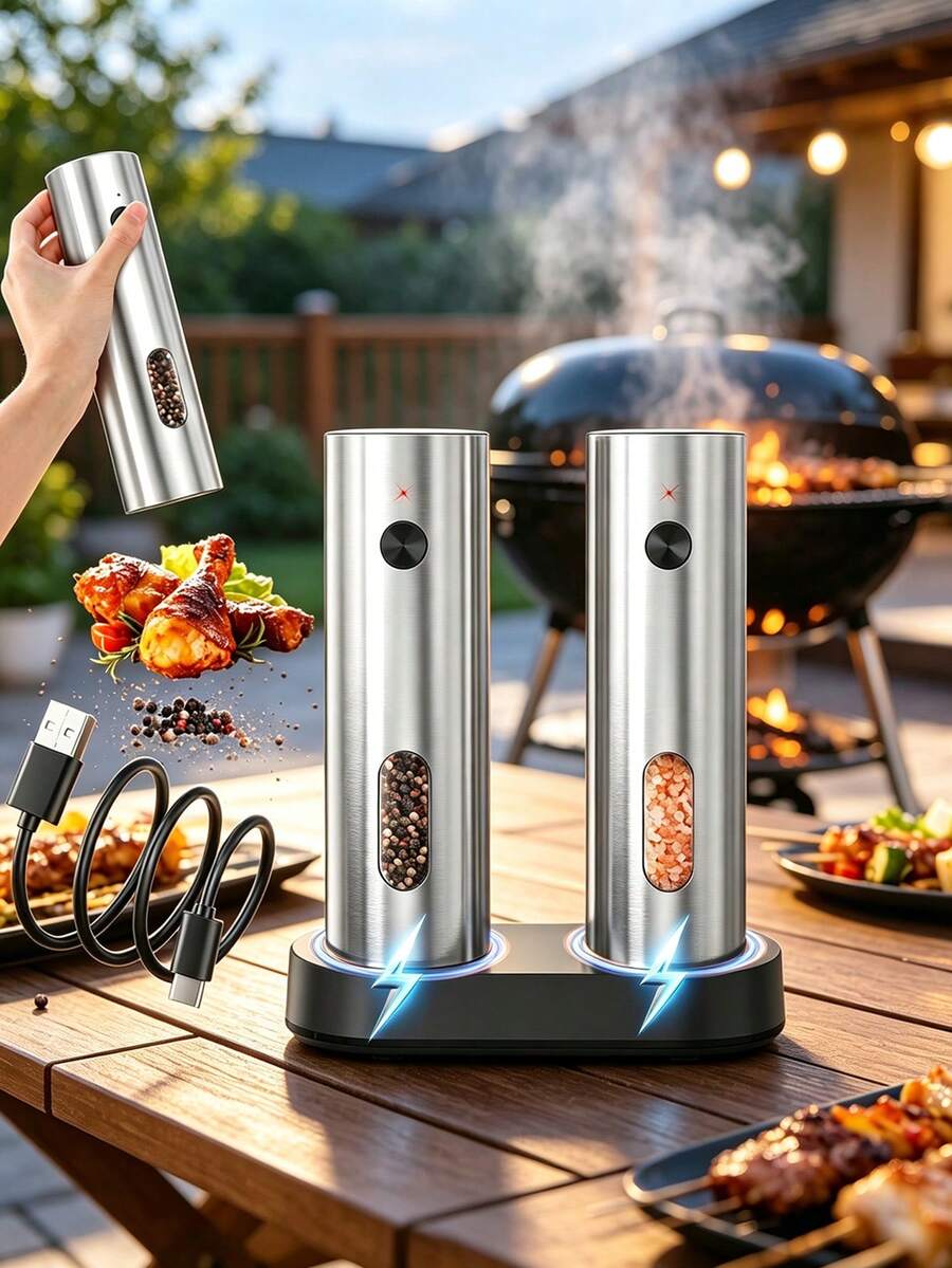1/2/2pcs Rechargeable Electric Salt And Pepper Grinder Set With Automatic LED Light - One-Handed Operation, Dual Charging Base, Adjustable Coarseness - Premium Automatic Spice Grinder - Multicolor - View 1
