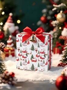 1 Roll Of Christmas Gift Wrapping Paper Featuring Santa Claus, House, And Christmas Tree Patterns;Perfect For Christmas Gift Wrapping,Holiday Party Decor,Home Festive Decoration,DIY Craft,Festive Favour Wrapping Dimensions: 43 Cm X 300 Cm. - A - View 4
