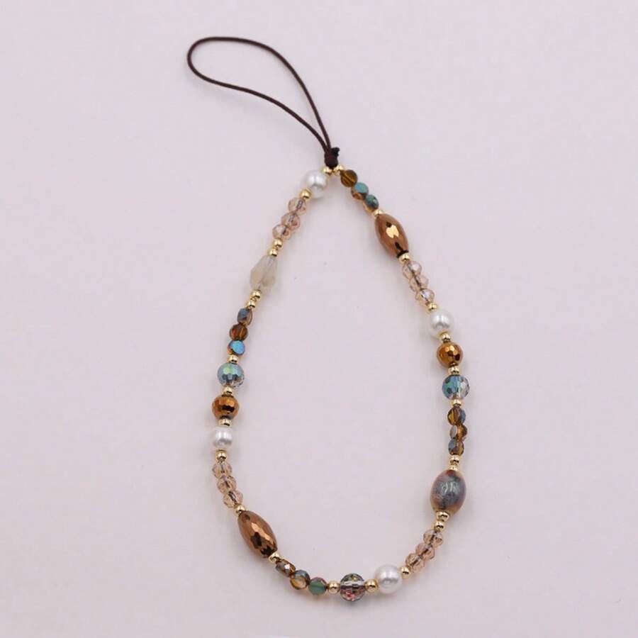 1pc Niche Korean Style Crystal Beaded Phone Chain Wrist Strap, Versatile Anti-Loss Phone Case Charm For Women - Coffee Brown - View 1