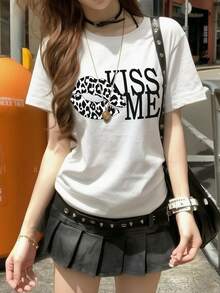 Women's Round Neck Short Sleeve T-Shirt, Summer New Leopard Print Lips & Letter Graphic, Fashion Casual Versatile Loose Top White - White - View 1