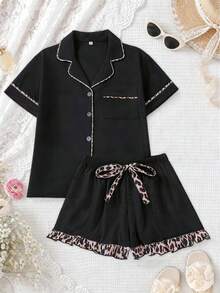 2 Pcs Women All-Over Leopard Print Contrast Color Short Sleeve Top And Shorts Pajama SetRuffle Shorts Lounge Sets Pocket Button Front Short Sleeve - 黑色 - 查看 11