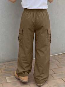 1pc Boys' American Outdoor Style Multi-Pocket Drawstring Wide Leg Loose Casual Long Pants - Brown - View 2