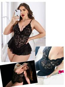 Women Plus Size One Piece Lace Bodysuit Strap Chemise Sheer Mesh Teddy - Black - View 2