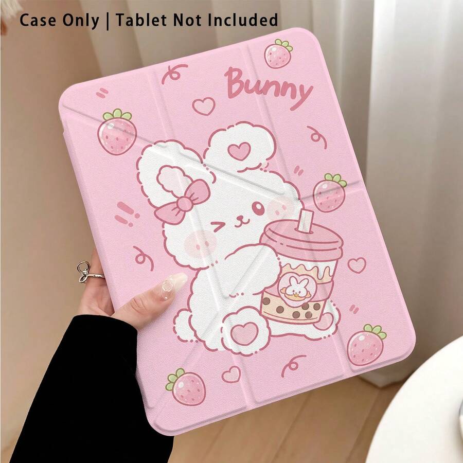 White Rabbit, Bowknot And Milk Tea Pattern Painted Effect Tablet Protective Case With Stand, Compatible With Honor 8/9/10/X8/X8A/X9/X8Pro/X9Pro/ MatePad Se 11 Inch/MatePad 11 Inch/11.5 Inch/MatePad Pro/Apple 10th/11th Gen 2025 (A16)/ Galaxy Tab A7/A9 And Other Popular Models - Style 9 - View 1