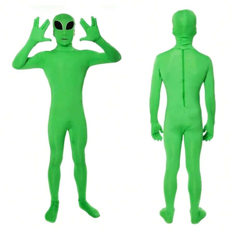 Adult Green ET Alien Unisex Jumpsuit Cosplay Costume Halloween Party Masquerade Bodysuit Suit Jumpsuit Mask Full Set - Multicolor - View 1