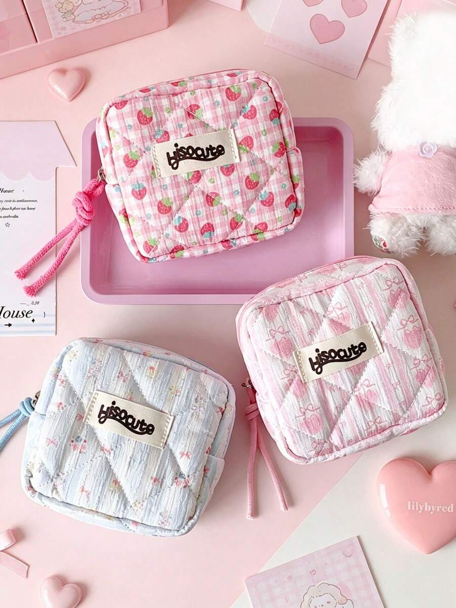 1 Buah Tas Kosmetik Bentuk Kotak Kartun Manis untuk Anak Perempuan, Kotak Organizer Kabel Data Earphone Portabel Warna Merah