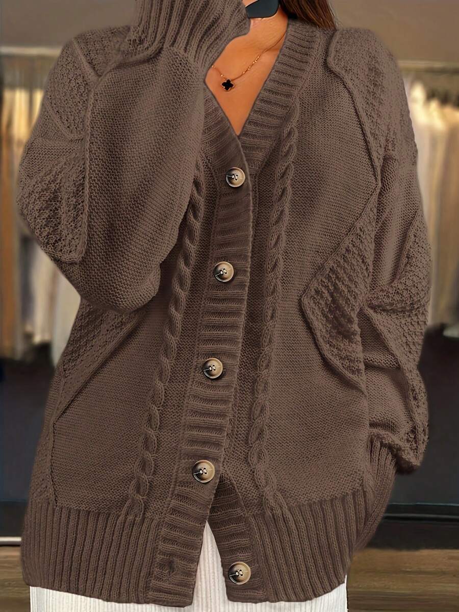 Women Cable Diamond Knit V Neck Button Front Cardigan, Side Pocket Oversized Rib Cuff Knit Jacket,Cardigan For Women,Sweaters,Fall Clothes