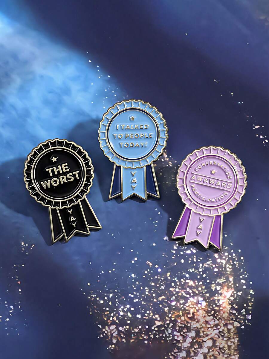 Funny Award Ribbon Enamel Brooch Set, Ironic Quote Prize Badge Pins For Backpack, Bag & Jacket Decor - Multicolor - View 1