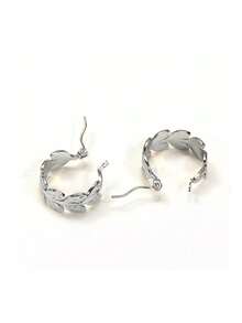 1 Pair Gold And Silver Leaf Decorated Hoop Earrings Suitable For Women's Daily Wear - Silver - View 5