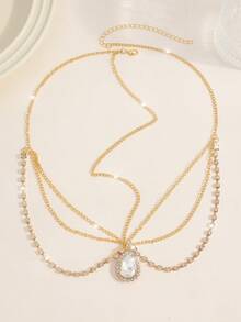1pc Elegant Vintage Artificial Crystal Forehead Chain, Women's Gold Tassel Head Chain, Bohemian Style Jewelry Headpiece With Water Drop Rhinestone Design - Suitable For Bridal, Wedding, Party, Festival Wear - Gold - View 2