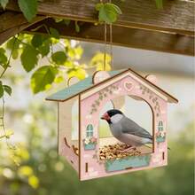 1pc Rustic Wooden Bird Feeder With Pine Wood Carved Texture And Stone Base, Hanging Balcony Garden Decor, Outdoor Bird Feeder For Garden And Yard To Attract Birds - D - View 1