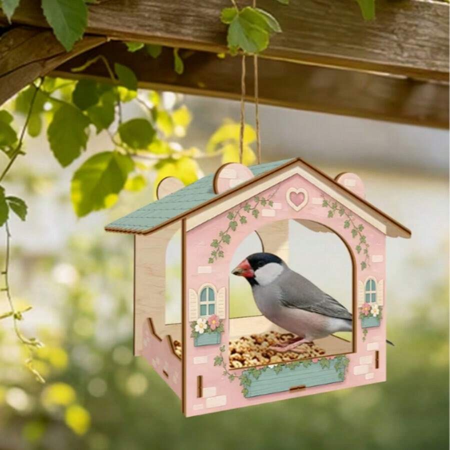 1pc Rustic Wooden Bird Feeder With Pine Wood Carved Texture And Stone Base, Hanging Balcony Garden Decor, Outdoor Bird Feeder For Garden And Yard To Attract Birds - D - View 1