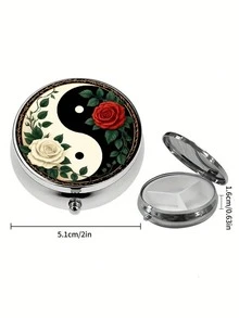 1pc Yin Yang & Red White Rose Pill Box - 3-Layer Portable Medicine Storage Box, Compact Wallet-Style Pill Case, Travel Pill Box, Traditional Chinese Design - Multicolor - View 5