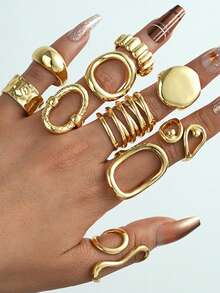 10pcs Asymmetrical Geometric Hollow Round Line Rings - Gold - View 3