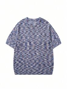 Men's Unisex Round Neck Pullover Knit T-Shirt, Hollow Out Semi-Sheer Loose Short Sleeve Knit Top, Casual Commute, Spring/Summer - Blue - View 3