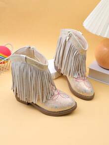 Girls' Kids' Short Mid-Calf Boots, Glitter Embroidered Tassel High Heel Western Boots, Color Block Round Toe Side Zipper - Beige - View 6