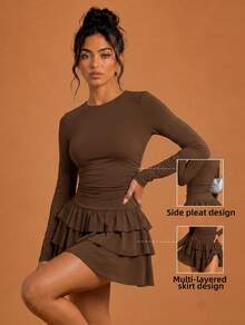 Never me Women's Sports Dress With Square Neck, Long Sleeves, Ruched Waist, Double Layer Ruffle Skirt, Yoga Tennis Dress - Coffee Brown - View 3