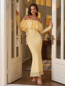 PARTHEA Elegant Yellow Off‑Shoulder Mermaid Maxi Dress, Layered Lace Ruffle Neck Mesh Long Sleeve Bodycon Party Gown - Yellow - View 6