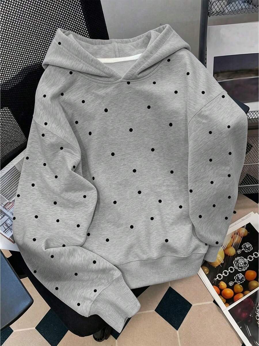 Teen Girls Random Cut Polka Dot All-Over Print Sweatshirt, Fashionable Comfortable New Autumn/Winter Top - Grey - View 1