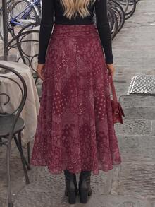 Women's Fashion Holiday Cashew Pattern Printed Pleated Maxi Skirt - Red - View 6