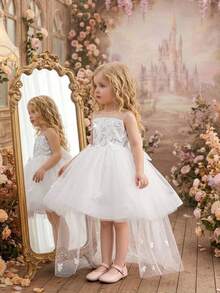 女嬰圓領亮片3D花朵露背大蝴蝶結薄紗可愛1歲生日拖尾禮服，不含髮箍 - 白色 - 查看 4