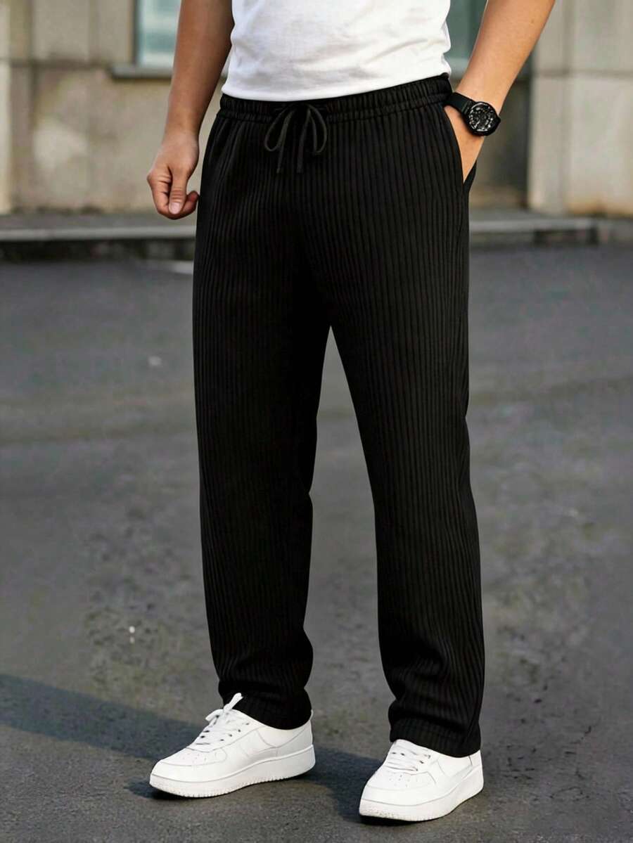 Pantalón casual de ajuste relajado con cordón para hombres - Negro - Ver 1