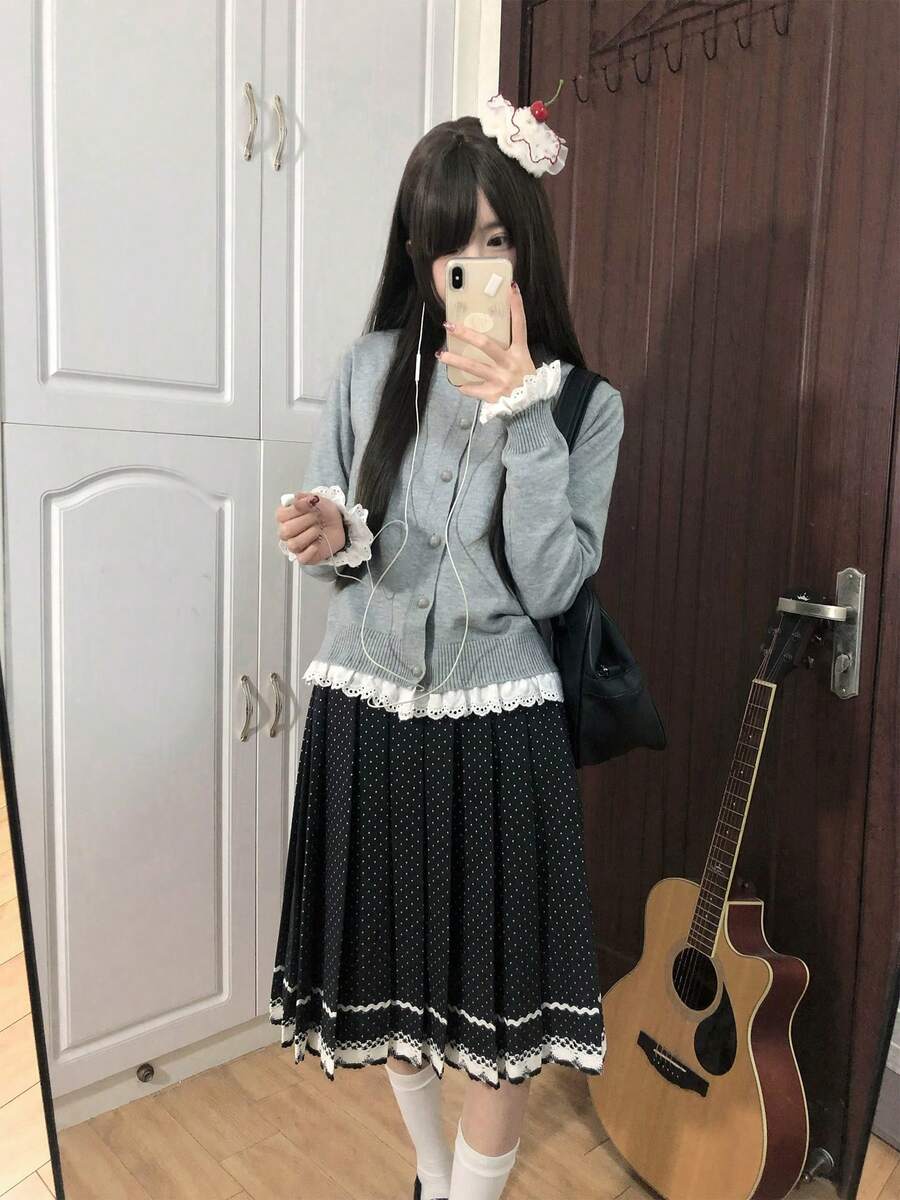 Cardigan Rajut Renda Lembut Gaya Korea yang Imut dengan Leher Bulat - Grey - View 1