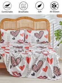 1pc Leopard Print Heart & Lip Print Bed Sheet, Romantic Cute Modern Style Polyester Single Bed Sheet, Soft & Breathable, Machine Washable - Multicolor - View 2