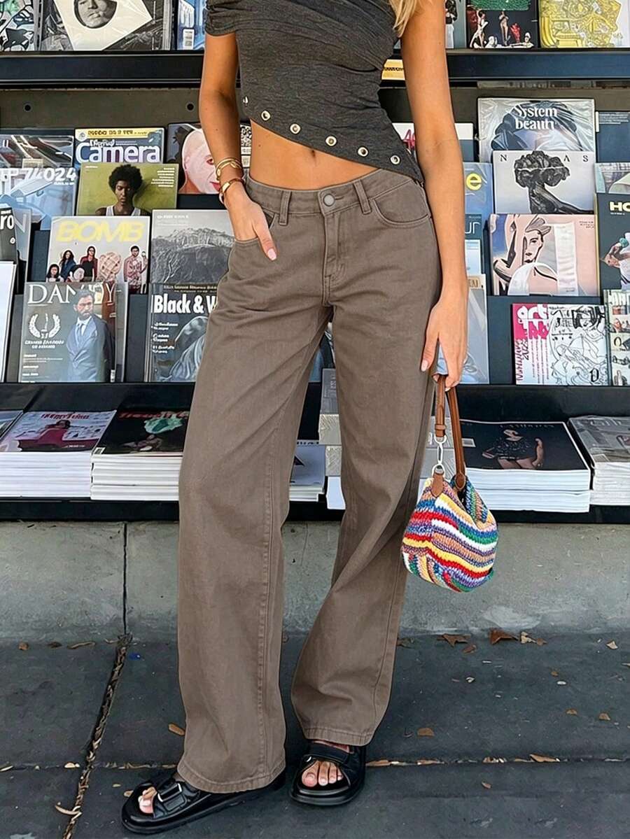 Women's Vintage Brown Straight Leg Jeans, Button And Zipper Details, Casual Non-Stretch Long Pants