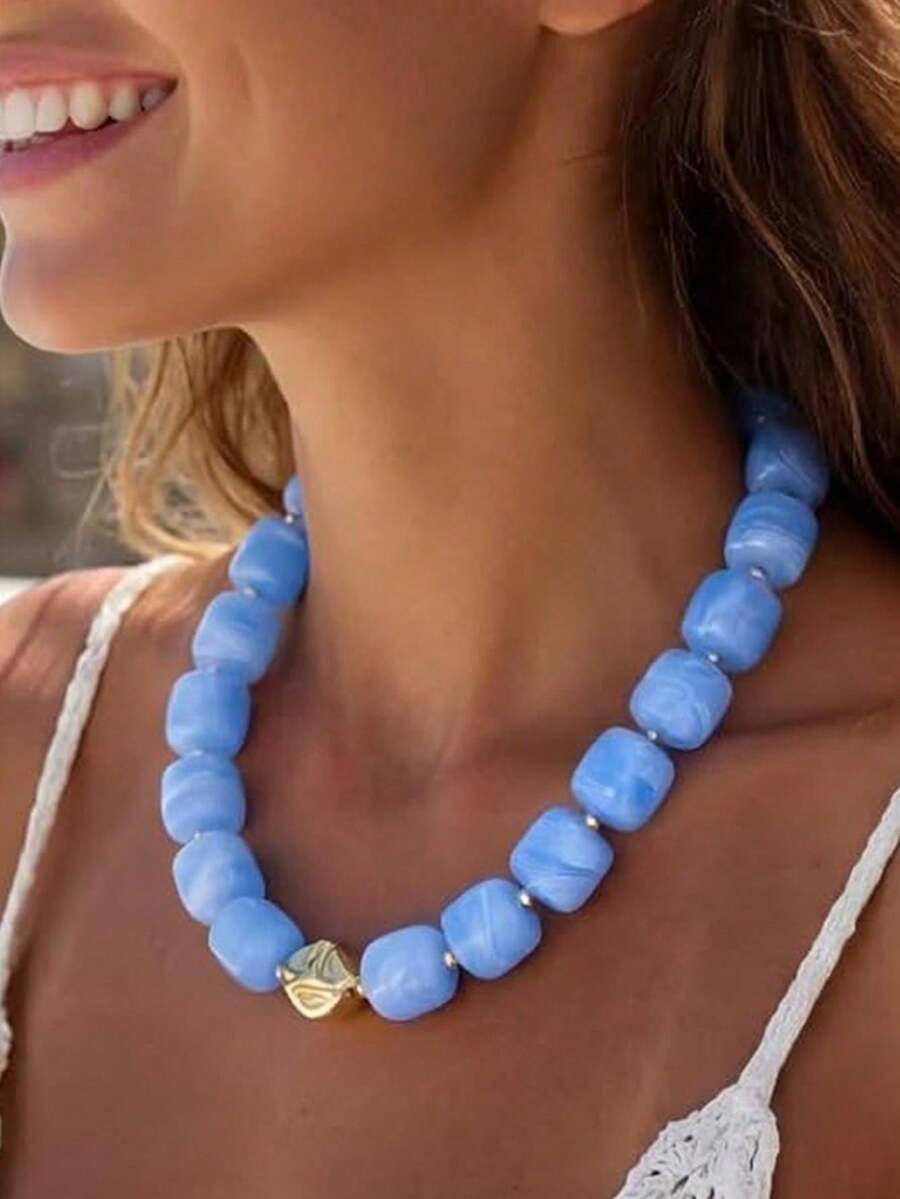 Women's Colorful Thick Chain Necklace Multi-Color Large Square Acrylic Bead Necklace Unique Bead Chain Necklace Summer Vacation Neck Jewelry - Multicolor - View 1