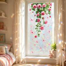 Vintage Pink Rose Butterfly Window Privacy Film, Rainbow Effect Non-Adhesive Glass Decorative Sticker, Static Cling Vinyl Cover Film, Suitable For Bathroom Kitchen Home Apartment - Pink Rose Glass Sticker - View 1