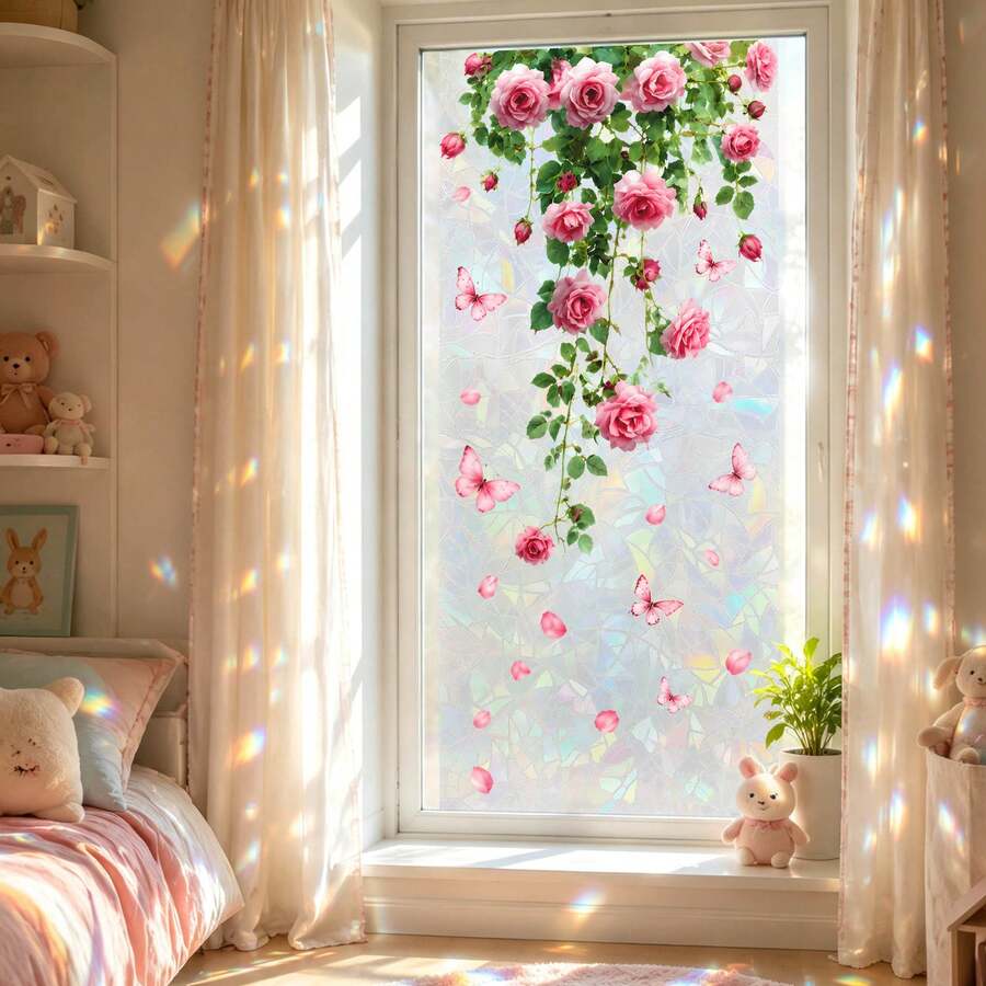 Vintage Pink Rose Butterfly Window Privacy Film, Rainbow Effect Non-Adhesive Glass Decorative Sticker, Static Cling Vinyl Cover Film, Suitable For Bathroom Kitchen Home Apartment - Pink Rose Glass Sticker - View 1