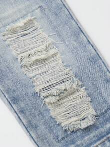 Girls' Y2K Light Blue Washed Distressed Denim Wide Leg Pants, Asymmetrical Waist With Slanted Button, Multi-Layer Knee Rips, Frayed Hem, Elastic Waist, Loose Fit, Soft Comfortable Cotton Denim, Casual Style, Suitable For Daily Wear, School, Parties, Back To School Season, Spring/Summer/Autumn/Winter - Medium Wash - View 5