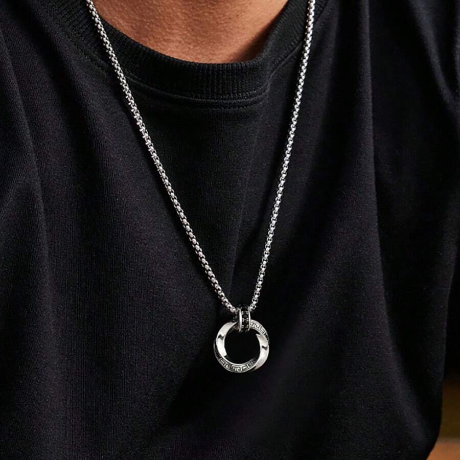 1pc Vintage Mobius Ring Pendant Necklace With Textured Design, Personalized Metal Silver Color, Suitable For Couples, Men And Women For Daily Wear, Party, Festival, Music Festival, Daily Gift, Jewelry Gift - Silver - View 1